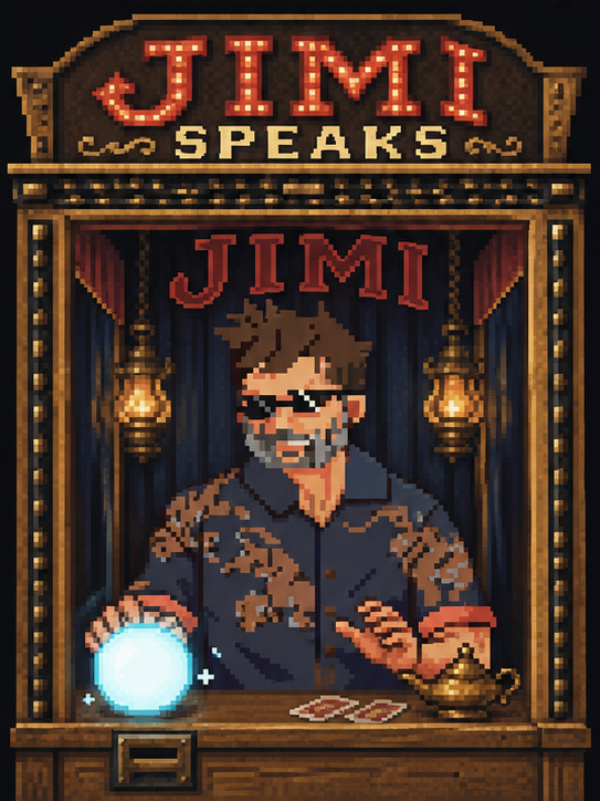 Pixel Jimi in his brass-trimmed JIMI SPEAKS cabinet, with a glowing blue crystal ball.